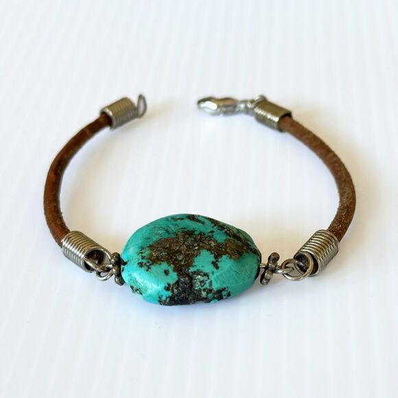 Vintage Boho Turquoise Nugget Bracelet w/ Sterling Beads • Leather Western Style - Picture 1 of 5